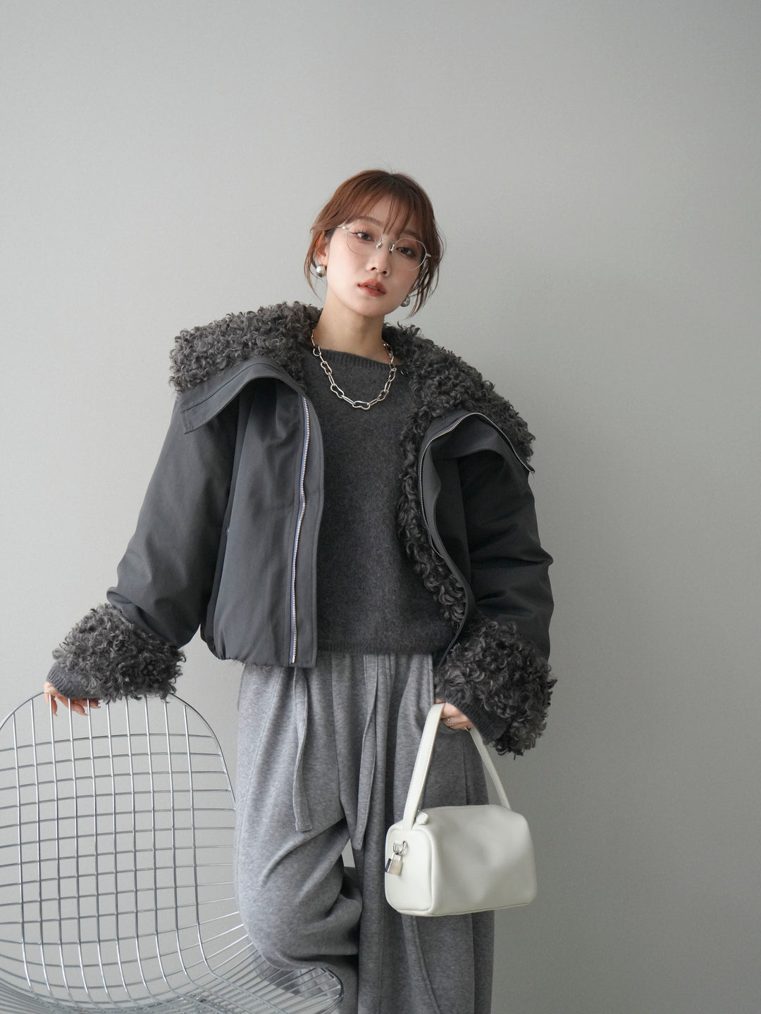 [SET]プードルファーダウンジャケット+アンゴラタッチボートネッククロップドプルオーバー(2set)