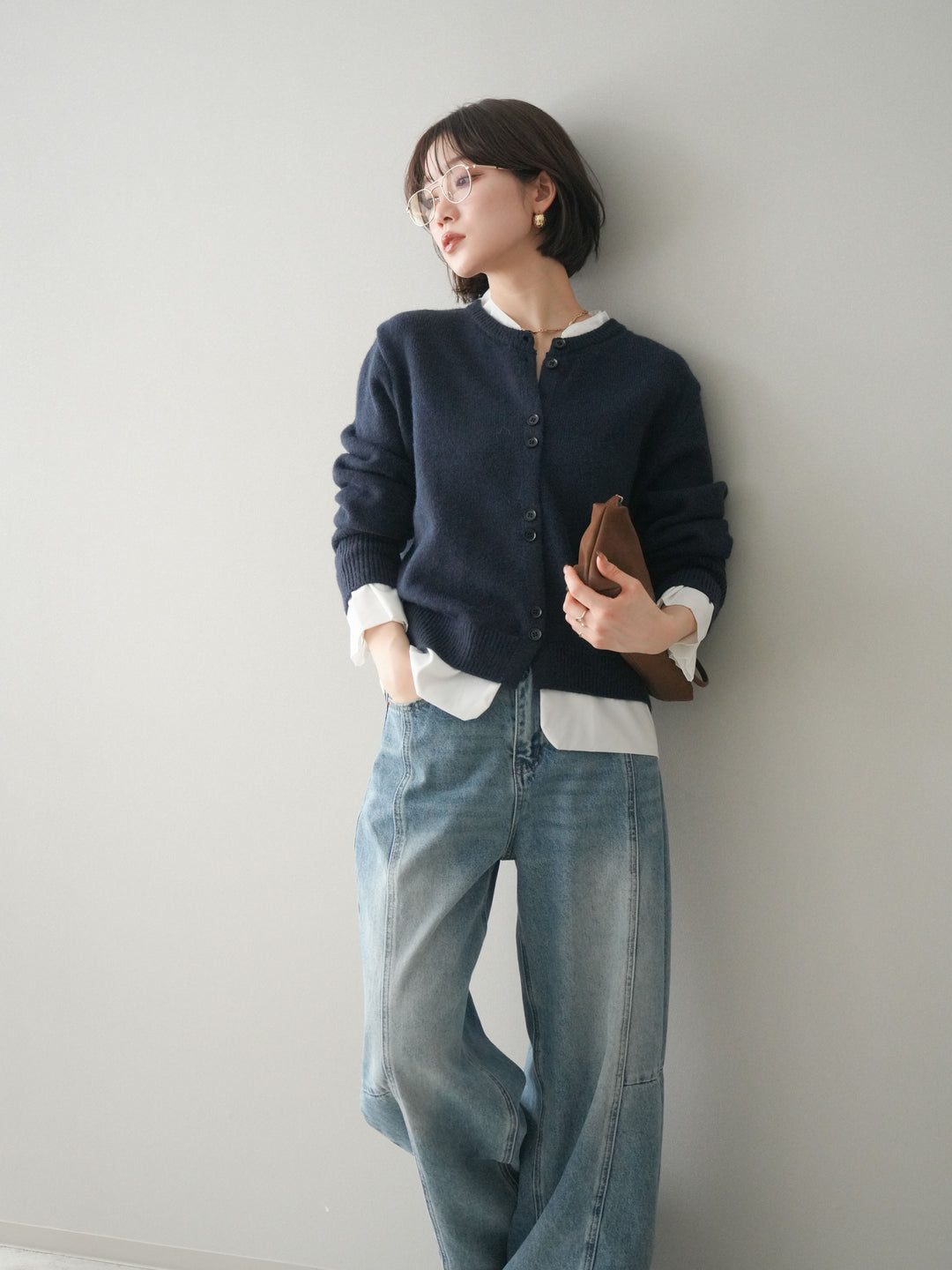 [SET]布帛ドッキングニットカーディガン+ガーメントウォッシュカーブデニムパンツ(2set)