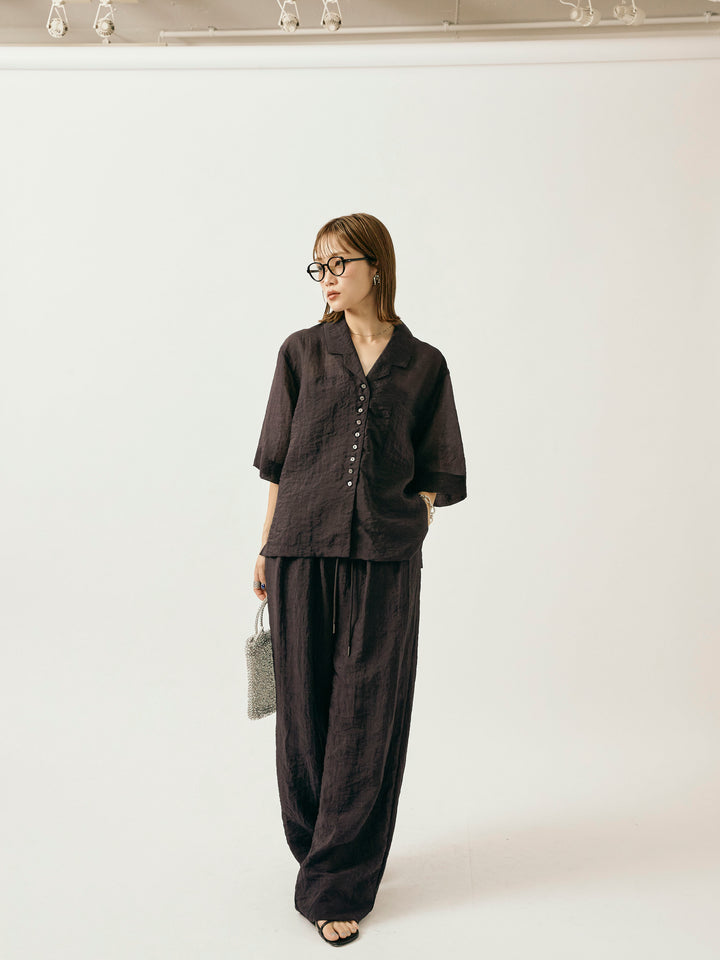 【Allure】[SET]シャイニースラブシアー開襟ハーフシャツ+シャイニースラブシアーワイドパンツ(2set)