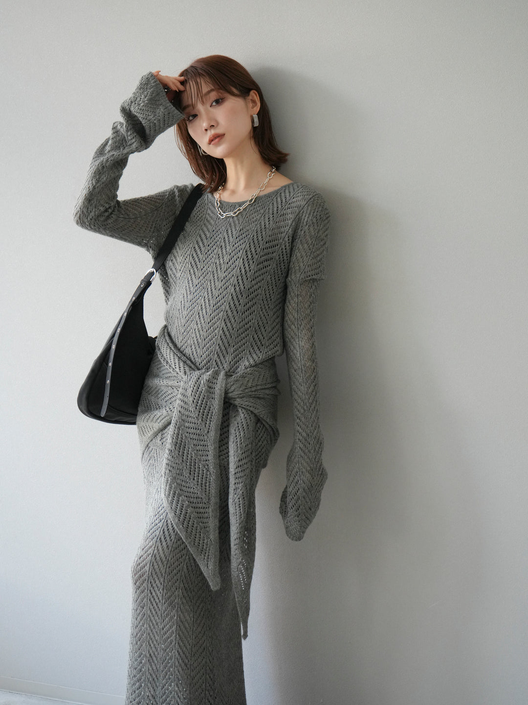 [予約]透かし編みニットスカーフ/グレー