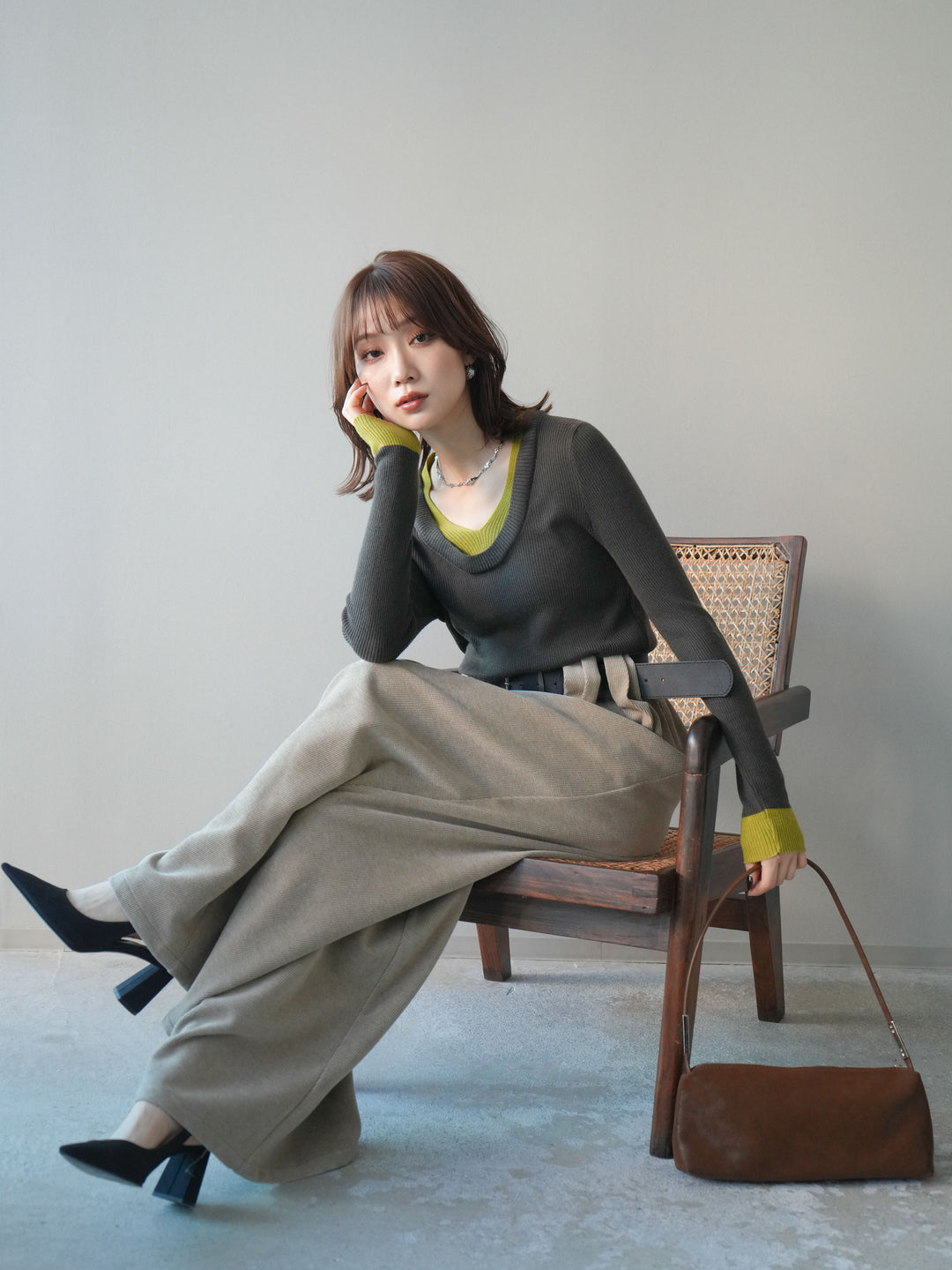 [予約]Uネック配色レイヤードリブニットトップス/gray