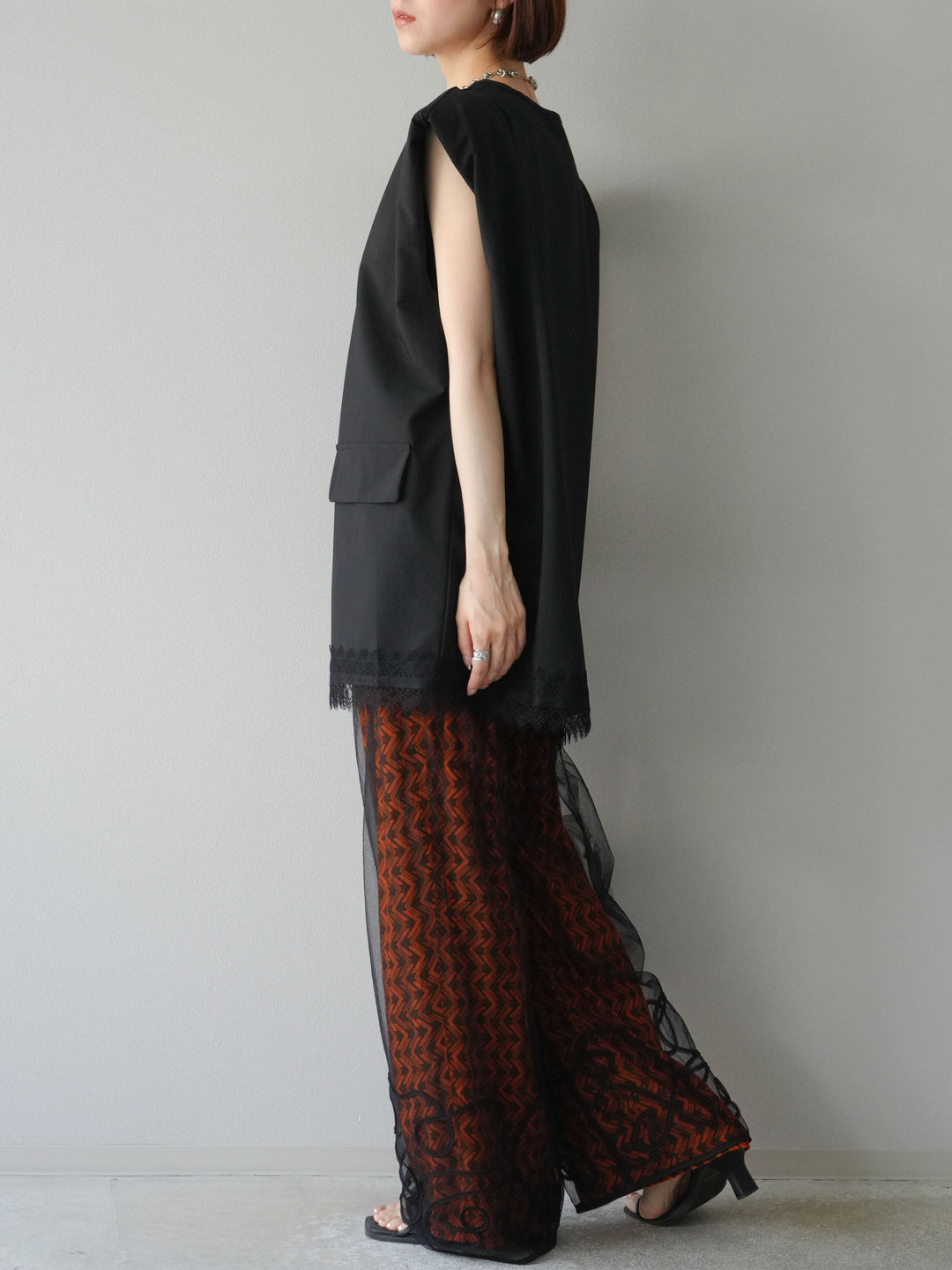 [予約]レーヨンフレックススラブウェーブ柄ストレートパンツ/オレンジ