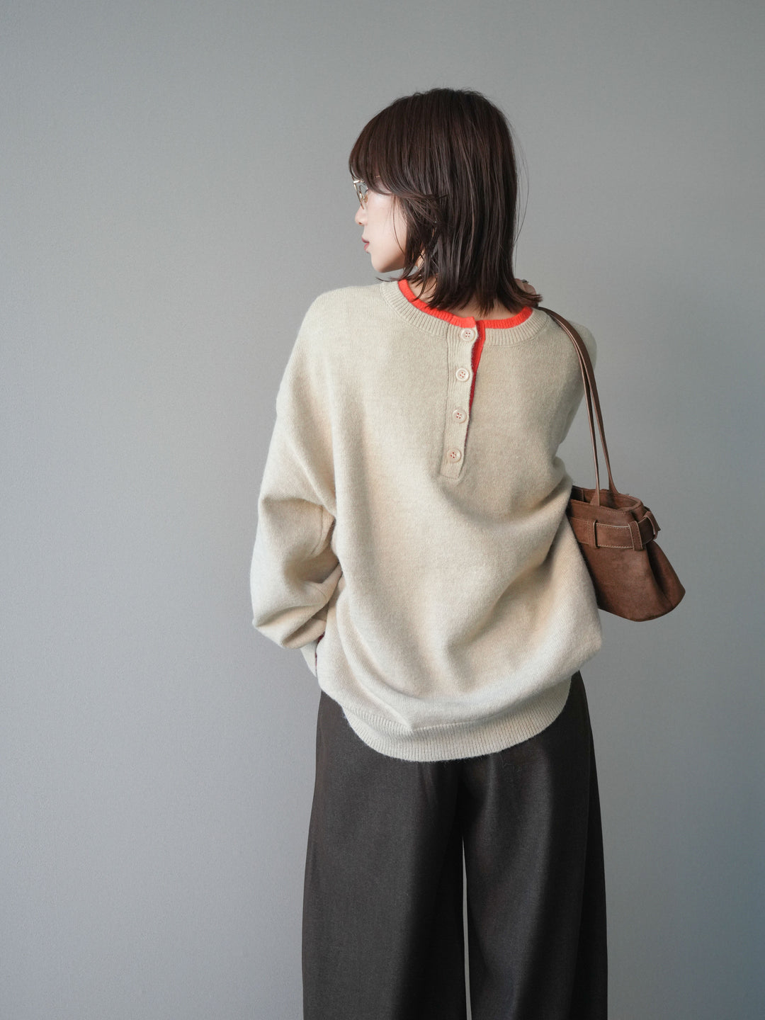 [予約]ヘンリーネック配色レイヤードニットプルオーバー/beige