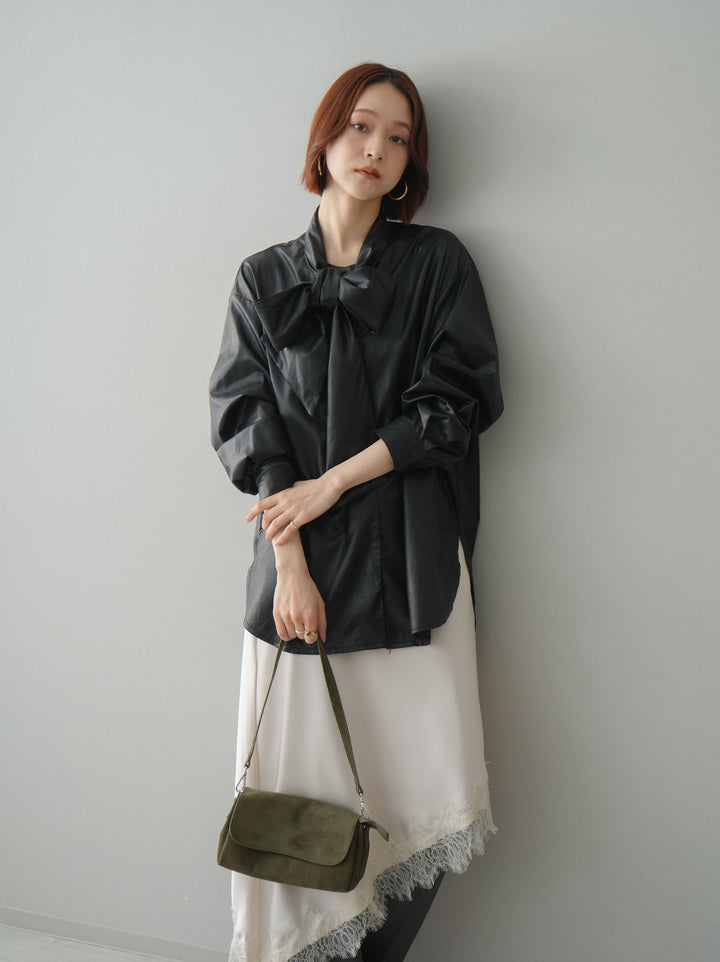 [SET]フェイクレザーボウタイブラウス+センターシームフレアパンツ(2set)