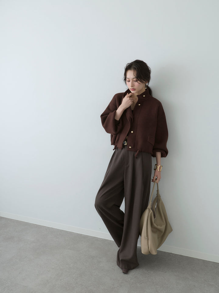 [SET]ゴールドボタンニットショートジャケット+ウエストレースドレープワイドパンツ(2set)