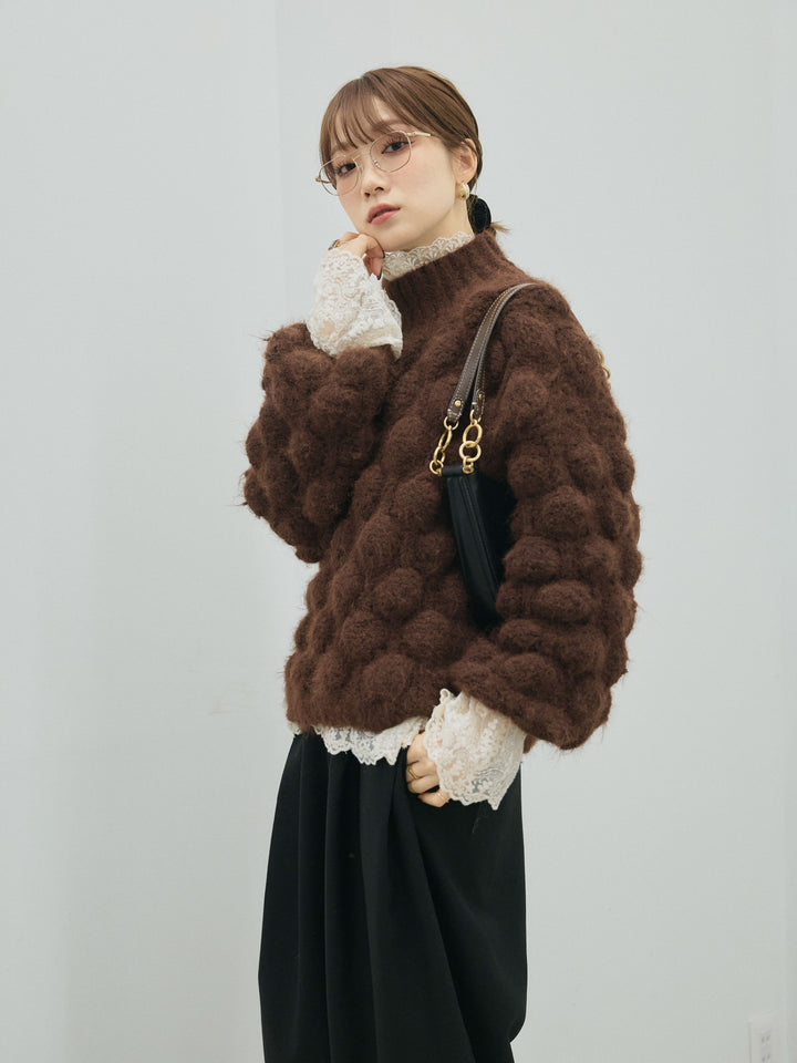 【Allure】[SET]ポップコーンハイネックニットプルオーバー+ハイネックレーストップス+モックスカルゼサイドタックコクーンパンツ(3set)