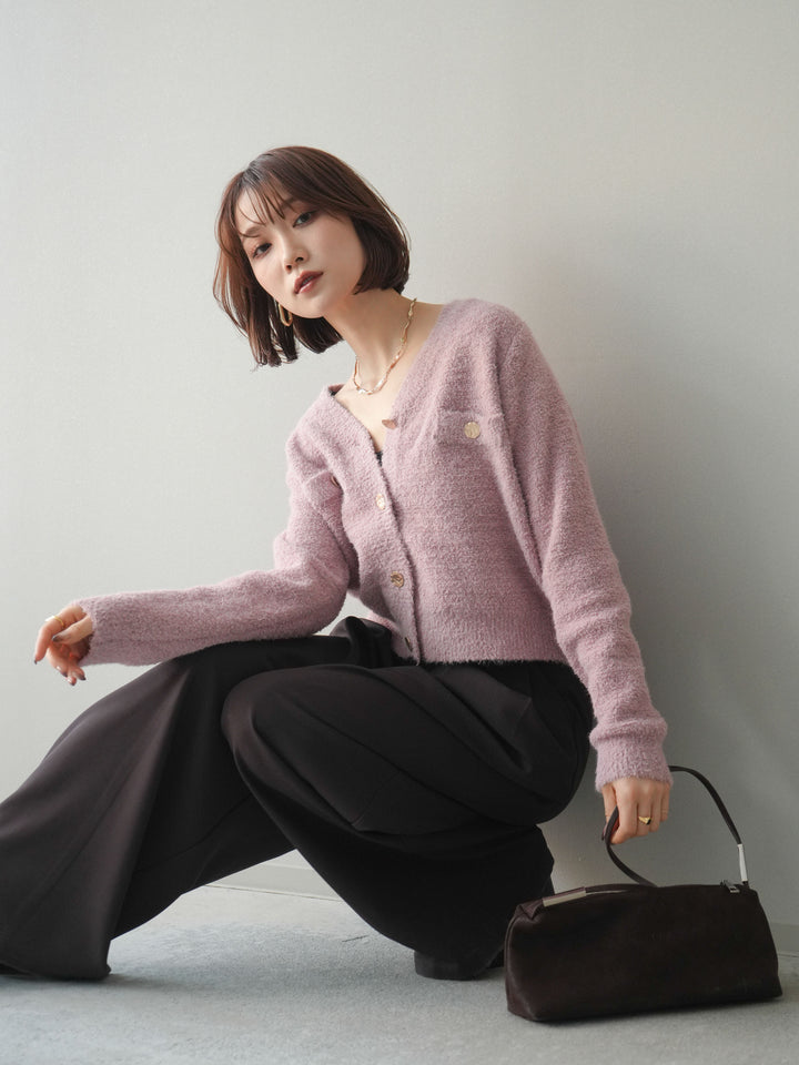 [SET]ゴールドボタンモールニットカーディガン+ベルトループデザインワイドパンツ(2set)