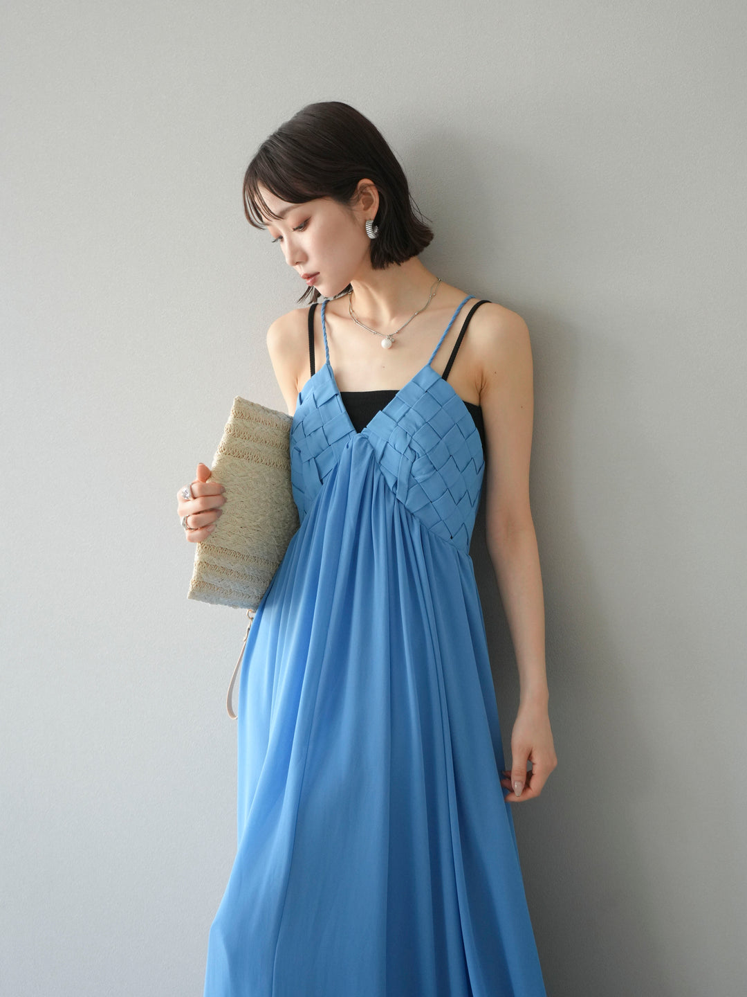 [SET]編み込みデザインシフォンワンピース+カップ付テレコリブベアキャミソール(2set)