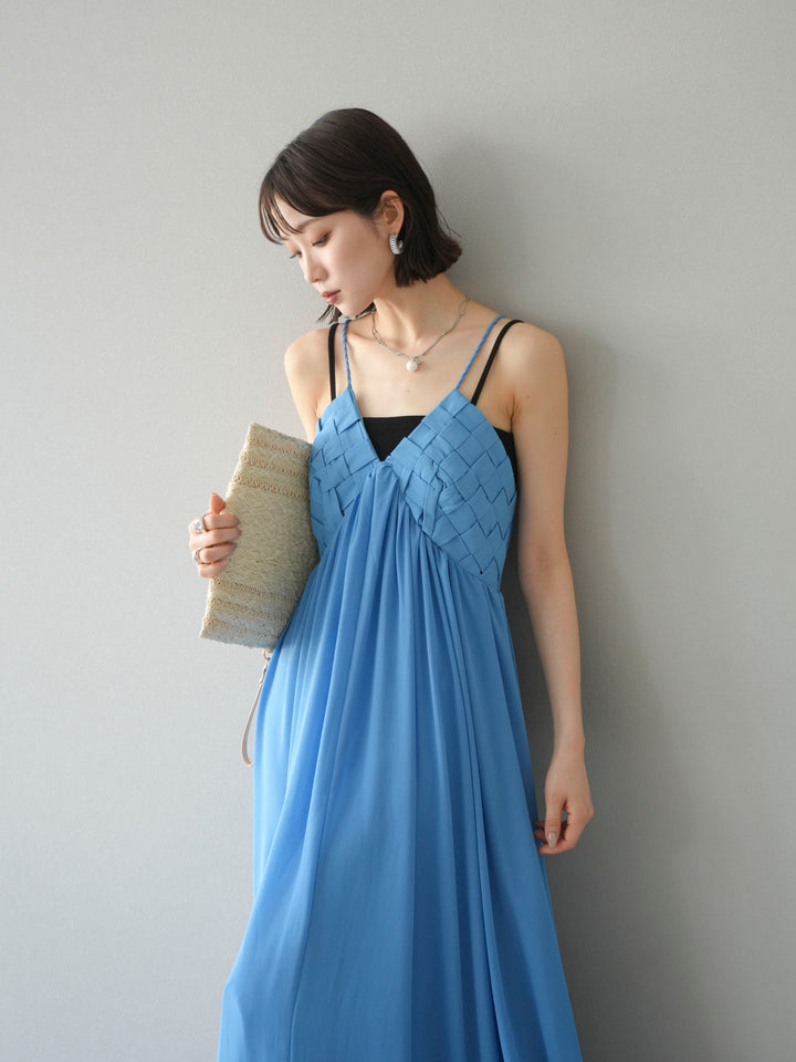 [SET]編み込みデザインシフォンワンピース+カップ付テレコリブベアキャミソール(2set)