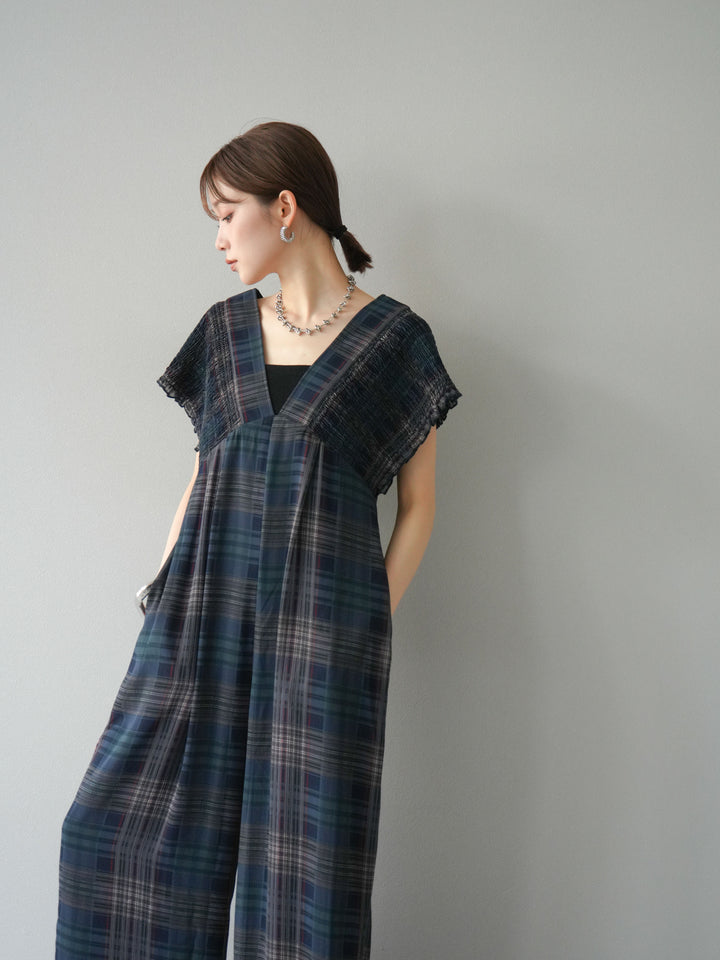 【預購】透視格紋褶皺工裝褲/海軍藍