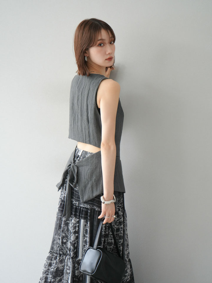 [SET]リネンタッチバックオープンベスト＆ニュアンス柄マキシスカートSET UP(2set)