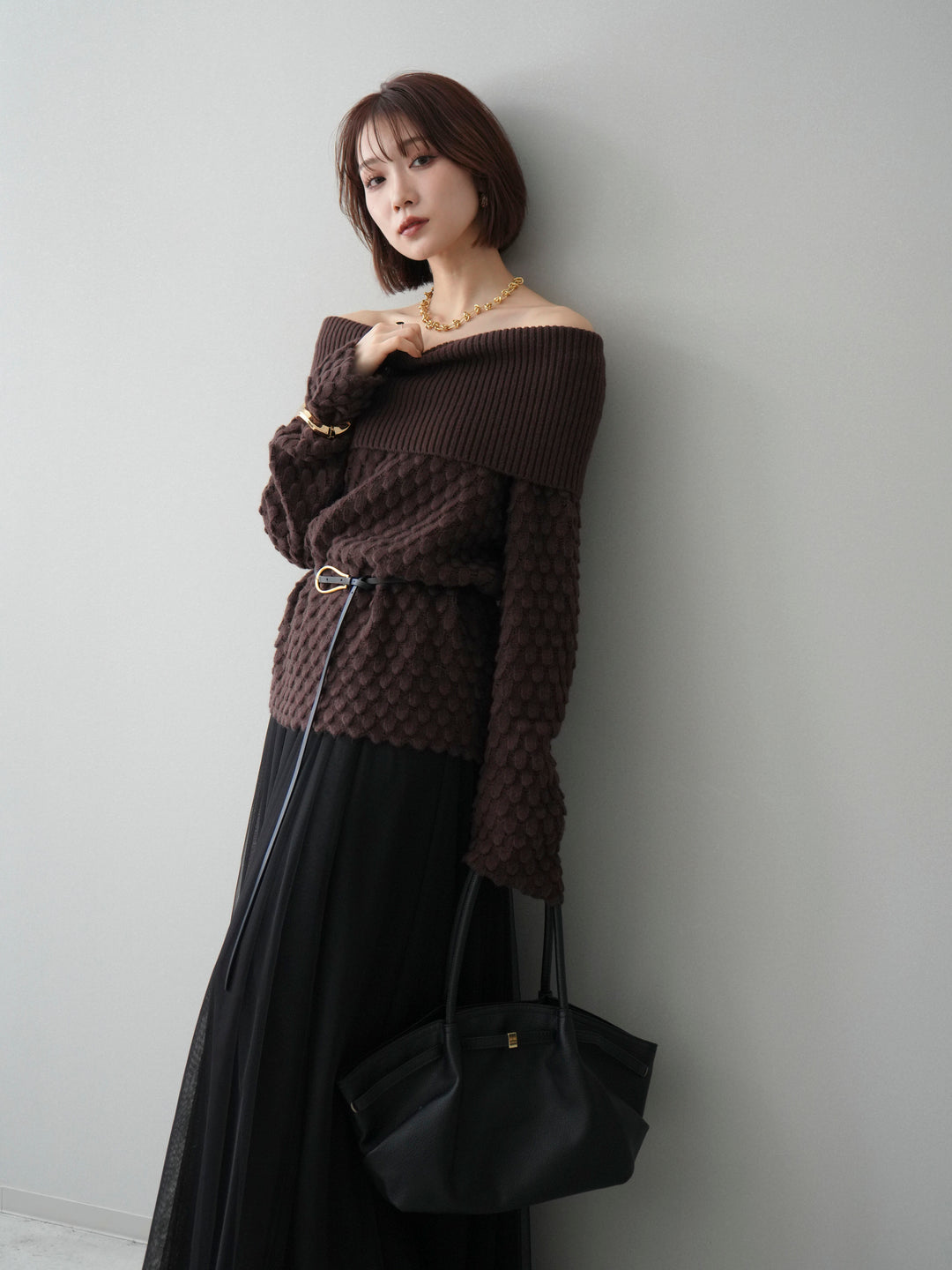 [予約]ポコポコ編みオフショルニットプルオーバー/brown