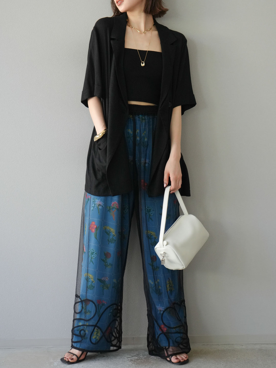 【預購】輕亞麻半袖外套/黑色