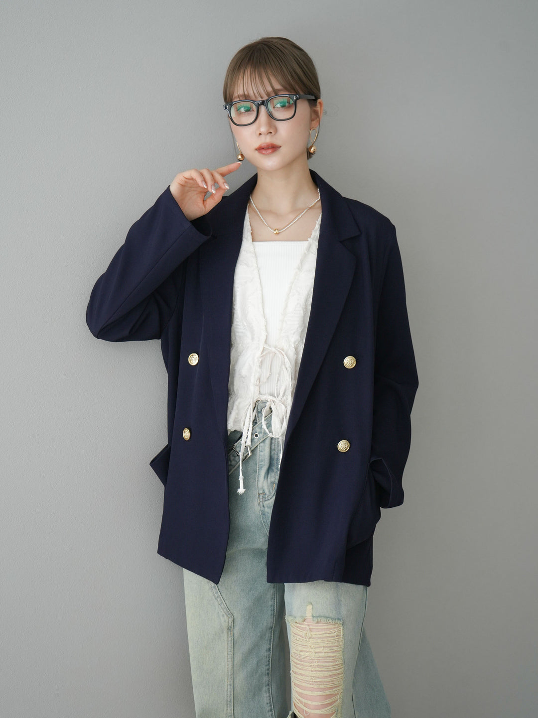 [予約]ゴールドボタンダブルテーラードジャケット/ネイビー
