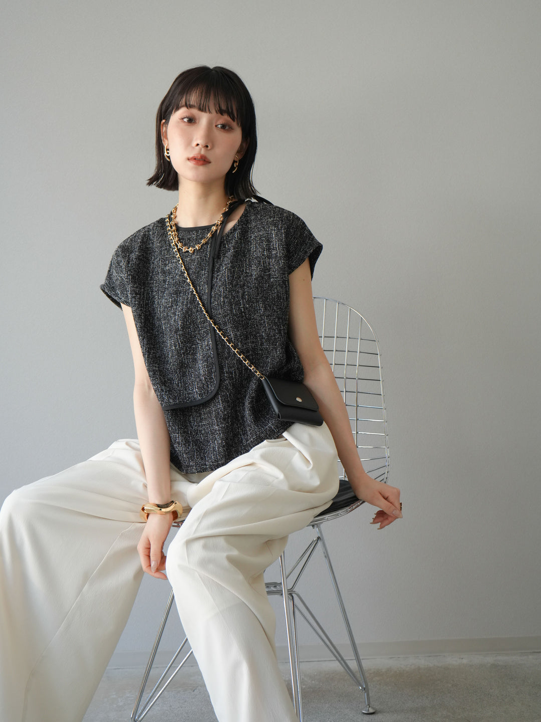 [SET]サマーツイードケープデザインプルオーバー+クレープシフォンタックワイドパンツ(2set)