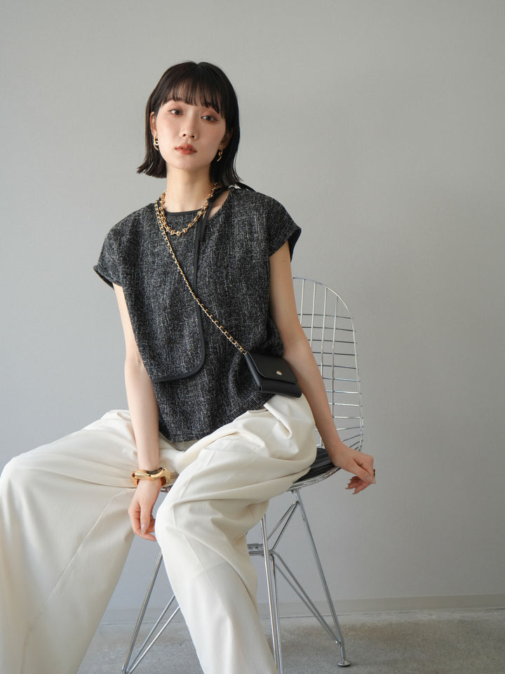 [SET]サマーツイードケープデザインプルオーバー+クレープシフォンタックワイドパンツ(2set)