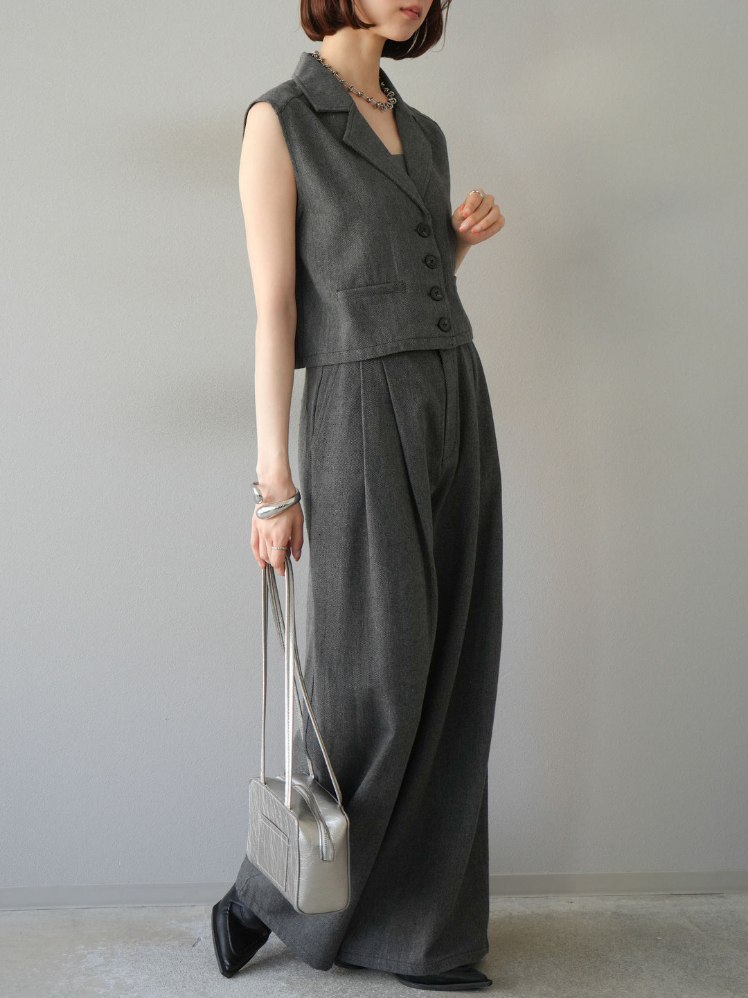 [予約]ツイードタッチタックワイドパンツ/ダークグレー