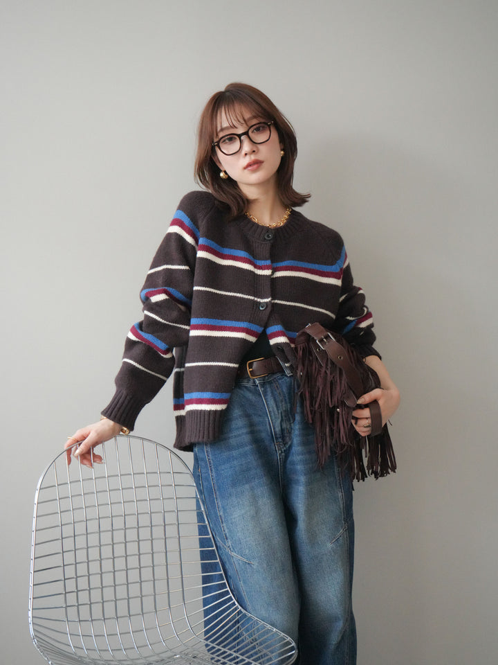 [予約]ランダムボーダーニットカーディガン/brown