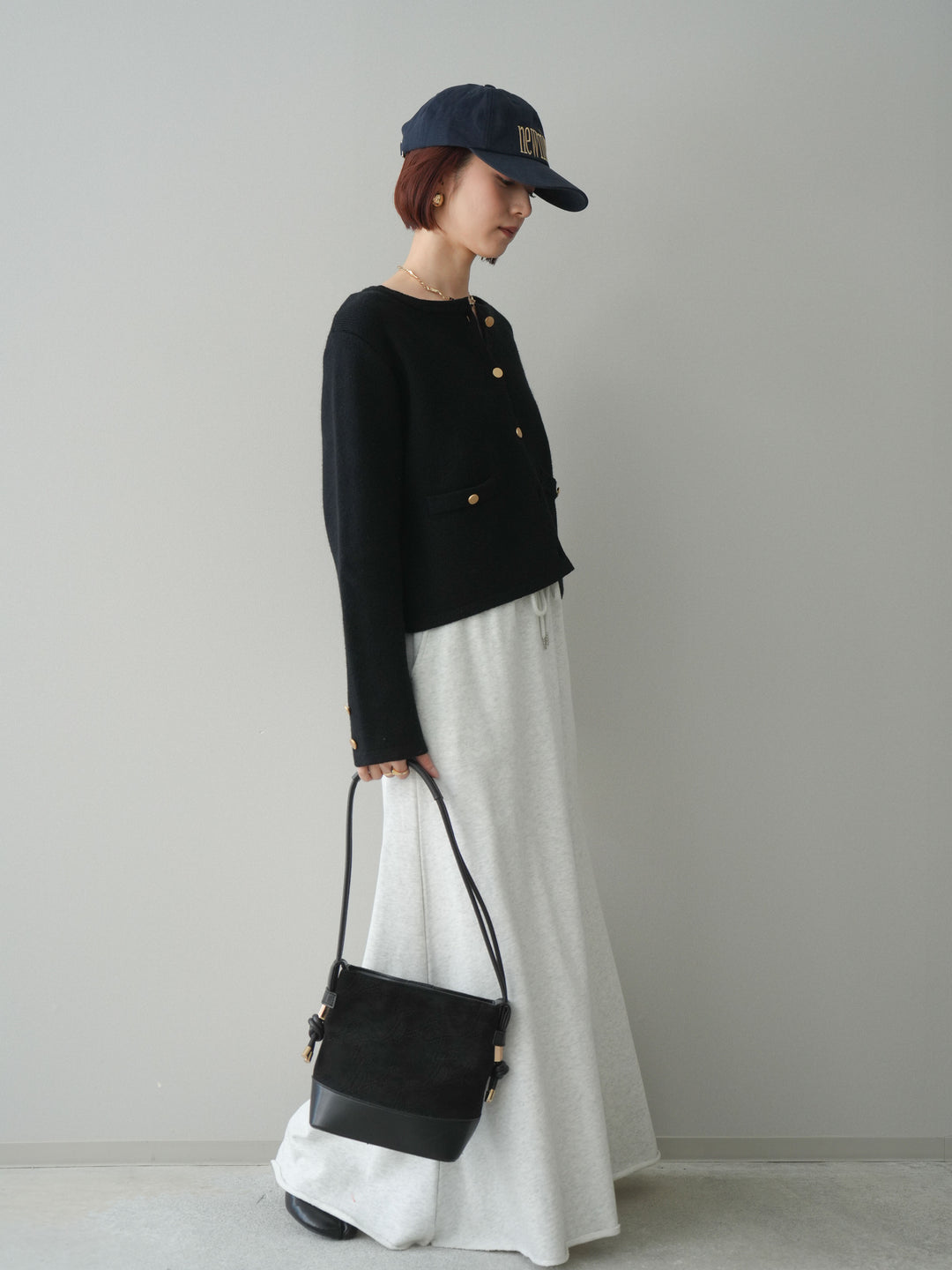 [SET]ゴールドボタンノーカラーニットジャケット+スウェットフレアロングスカート(2set)