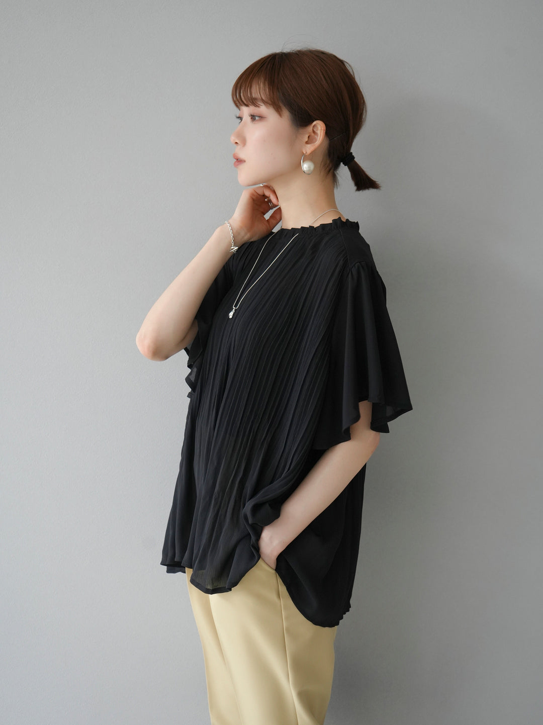 [SET] Chiffon pleated blouse + easy tapered pants (2set)