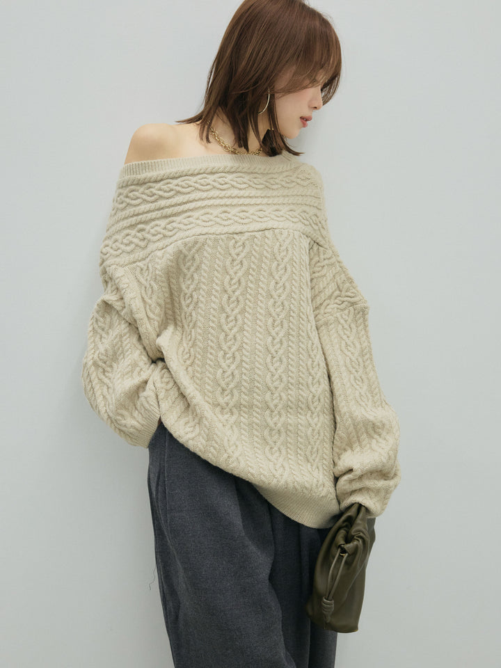 [予約]ケーブルワンショルニットプルオーバー/beige