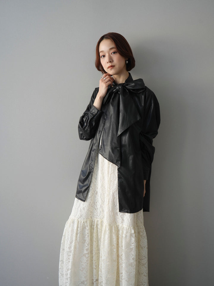 [SET]ギャザー切替レースキャミワンピース+フェイクレザーボウタイブラウス(2set)
