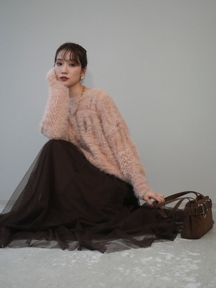 [予約]ミックスシャギールーズニットプルオーバー/pink