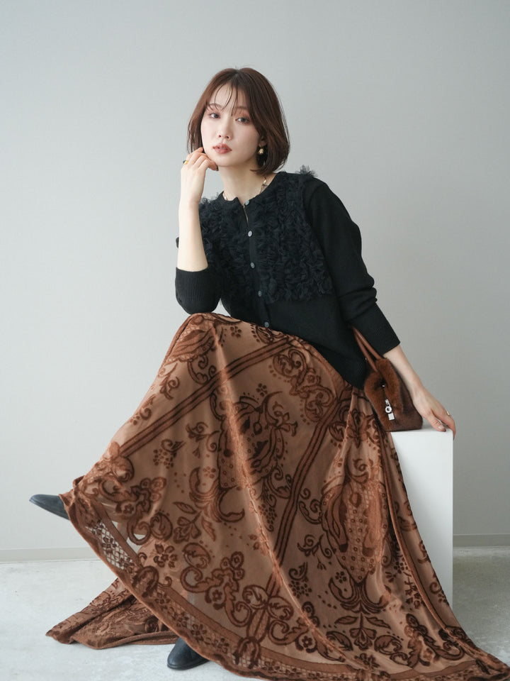 [SET]チュールフリルニットカーディガン+アンティーク柄フロッキーマキシスカート(2set)