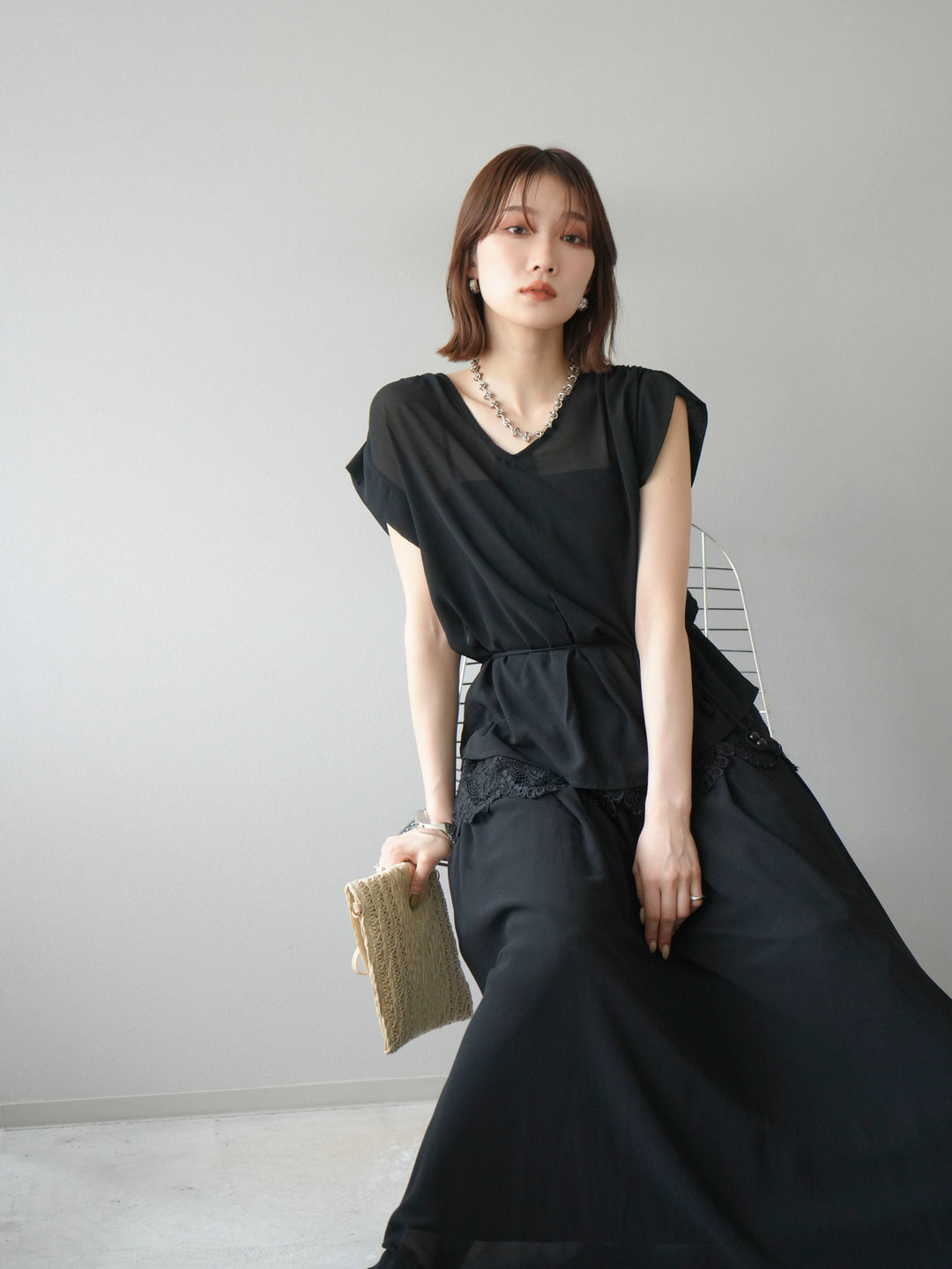 [SET]シフォンブラウス＆レースデザインフレアスカートSET UP(2set)