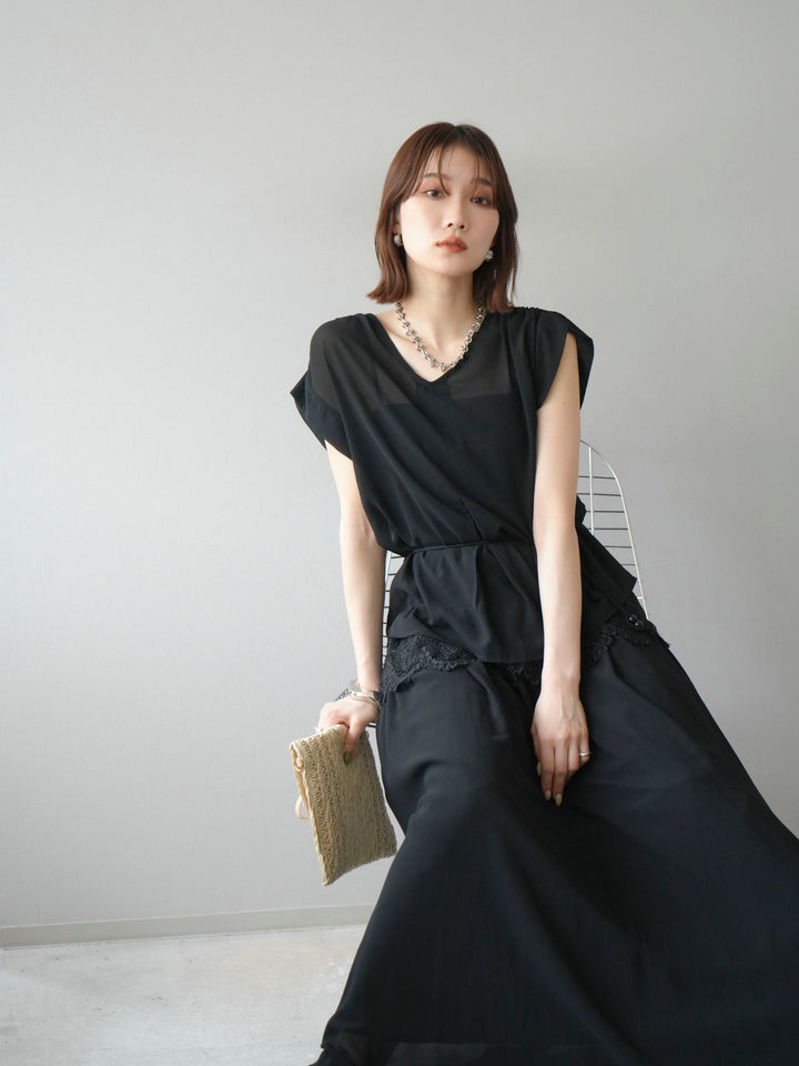 [SET]シフォンブラウス＆レースデザインフレアスカートSET UP(2set)