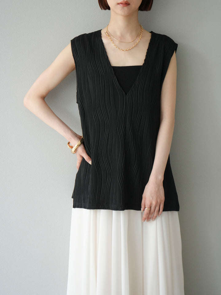 [SET]ウェーブパイピングVネックベスト+シフォンフレアスカート(2set)