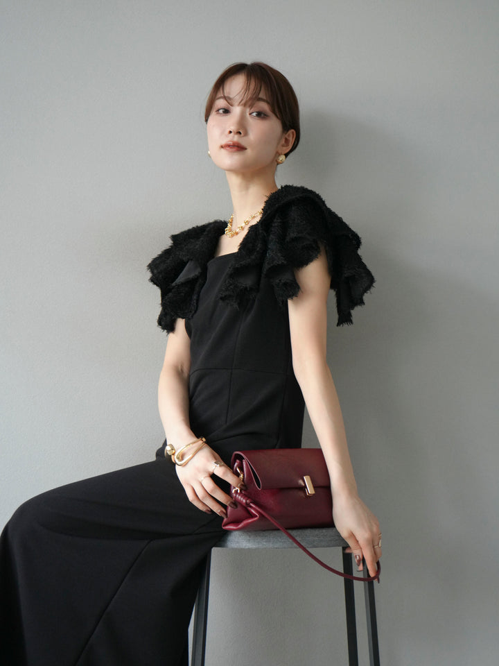 [予約]ジャガードフレアスリーブドレス/ブラック