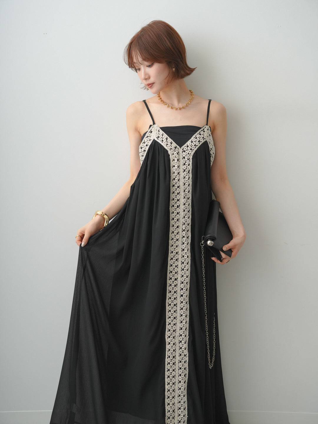 [予約]センタークロシェレースキャミワンピース/black