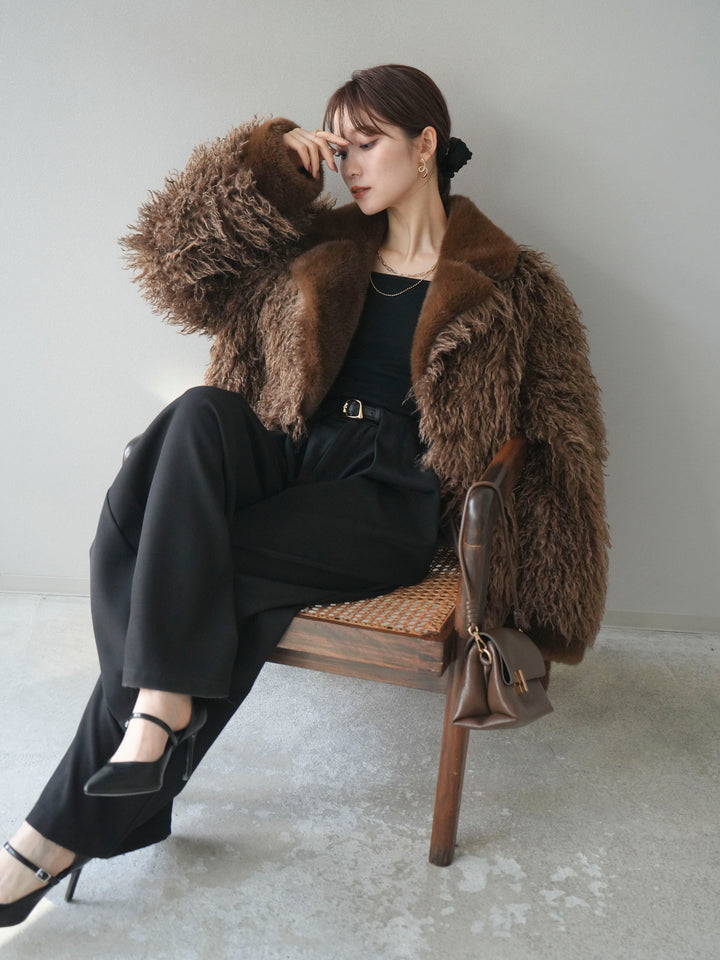 [予約]異素材ファー×ムートンコート/brown