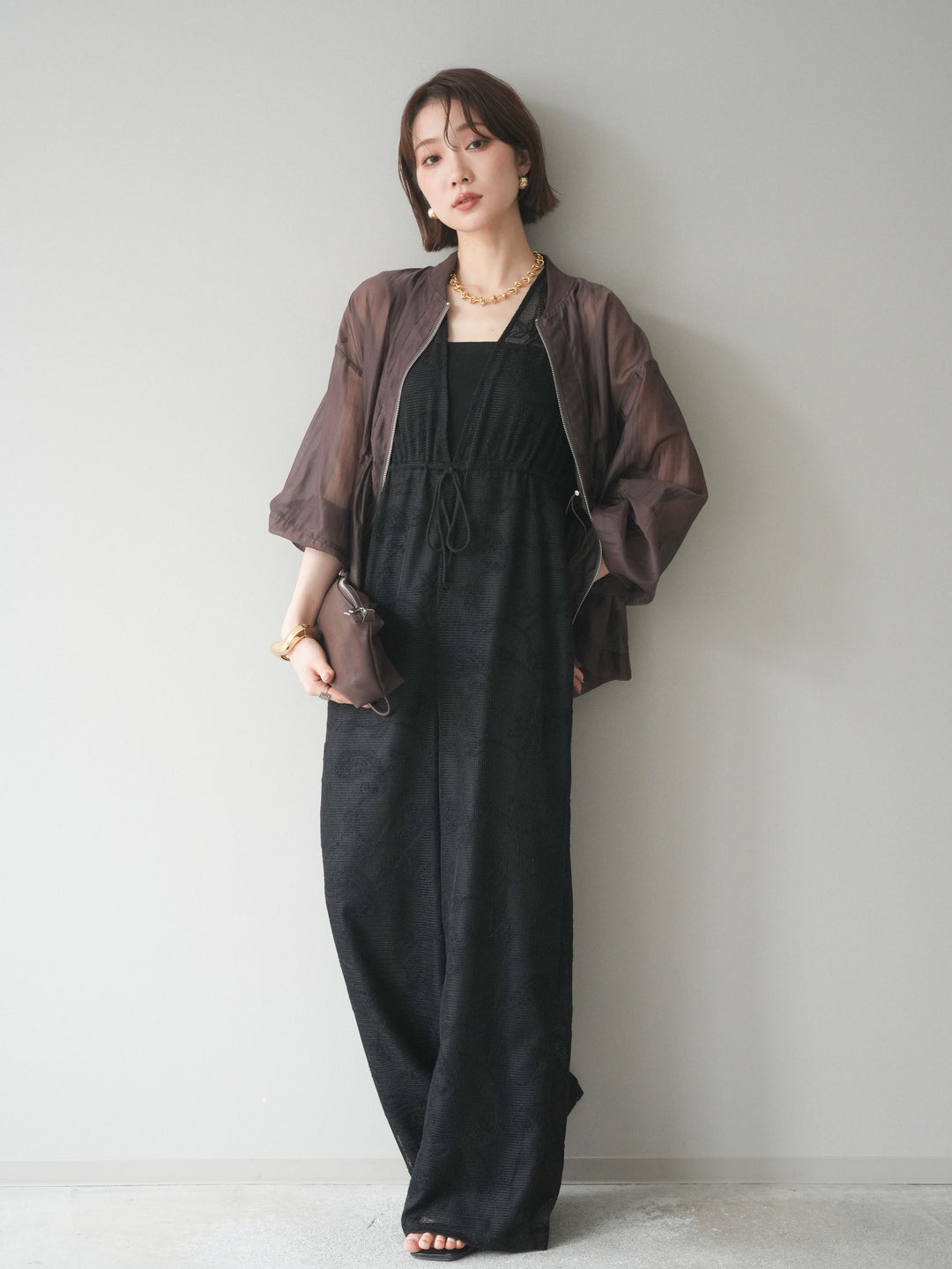 [SET]レース刺繍サロペット+ドロストシアーブルゾン(2set)