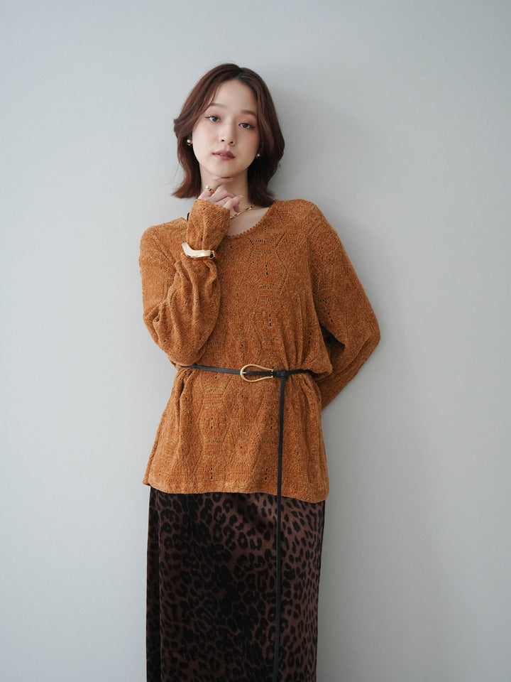 [SET]モール透かし編みニットトップス+レオパードベロアナロースカート(2set)
