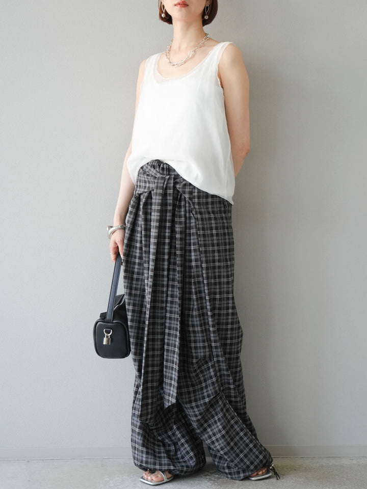[予約]チェック柄ウエスト巻きドロストパンツ/ブラック