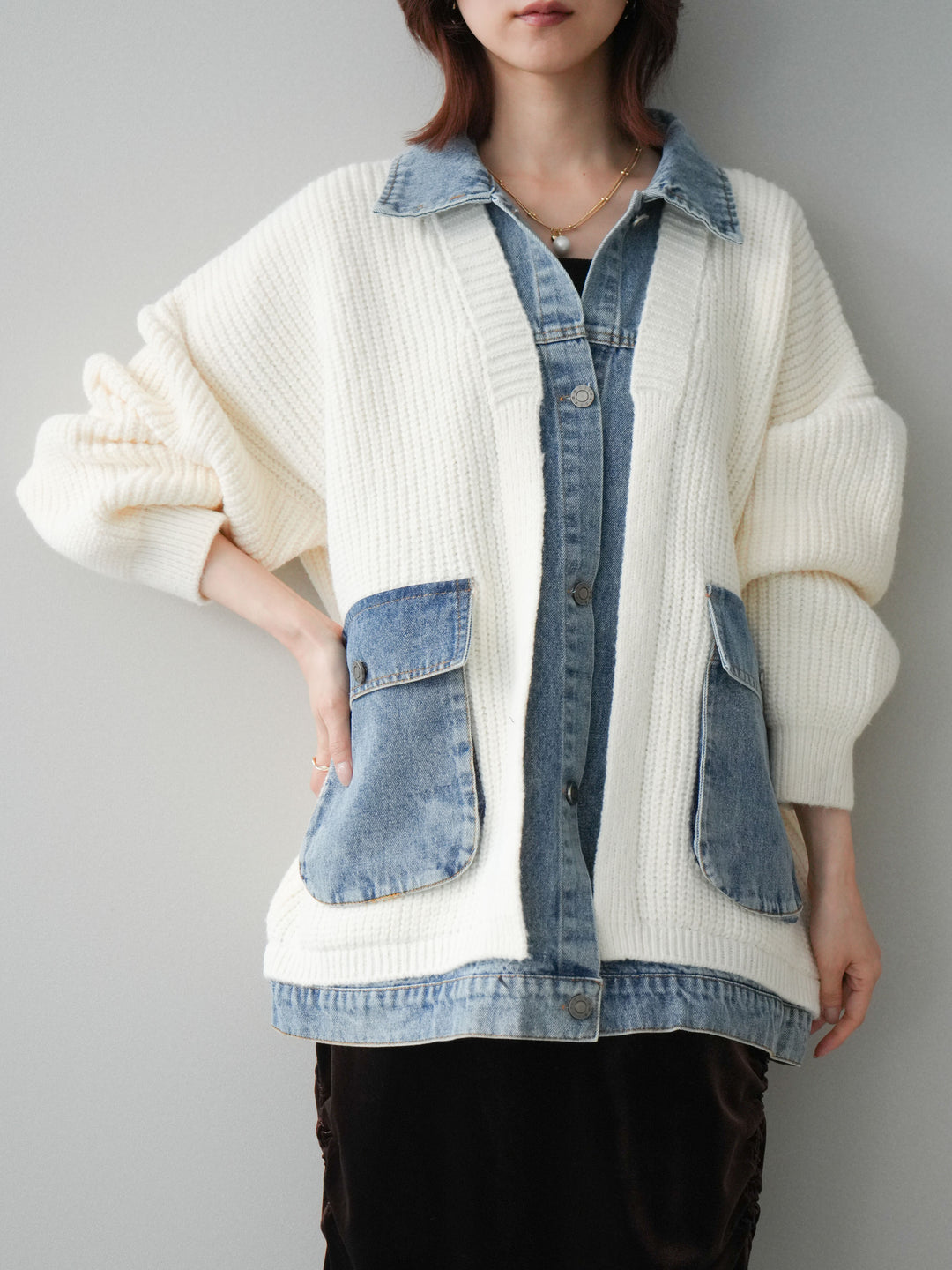 [SET]デニムドッキングオーバーニットジャケット+ギャザーベロアスカート(2set)