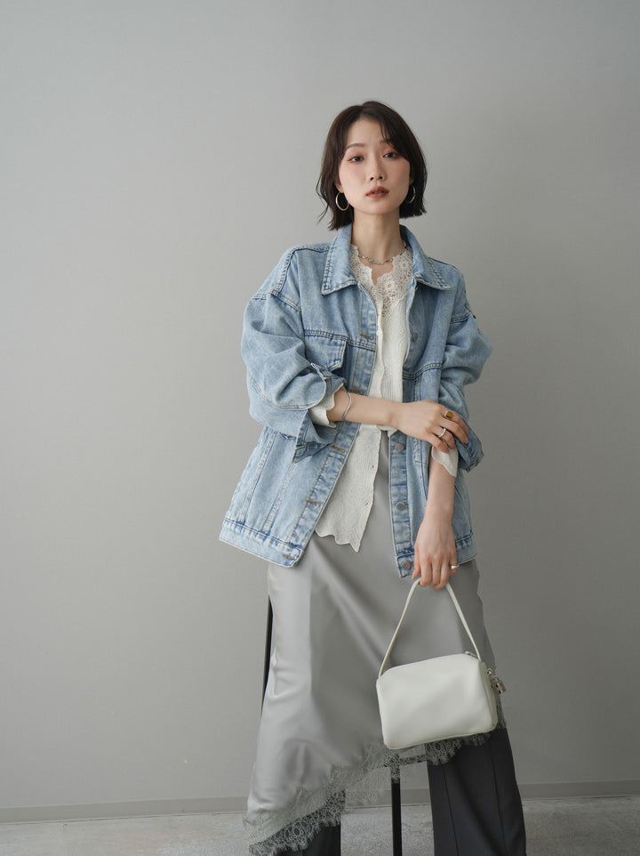 [SET]デザインBIGポケットオーバーデニムジャケット+サテンライクアシメレーススカート+センターシームフレアパンツ(3set)