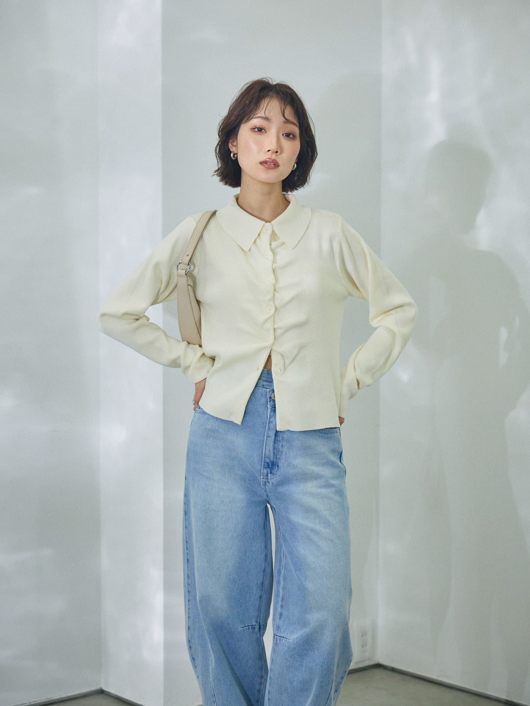 【Allure】[SET]襟付きギャザーニットカーディガン+襟付きギャザーニットカーディガン(2set)