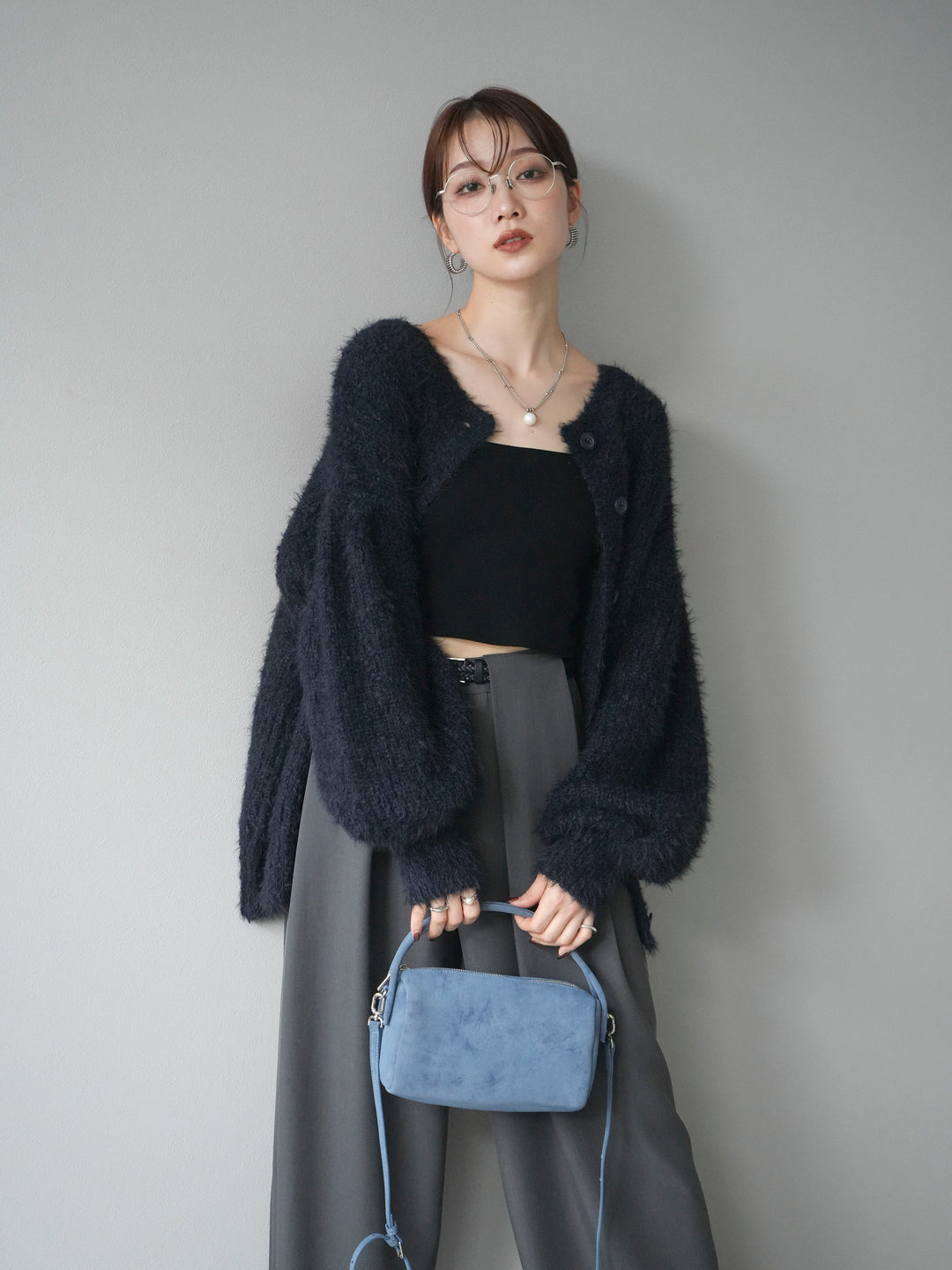 [SET]クルーネックランダムシャギーカーディガン+ベルトループデザインワイドパンツ(2set)