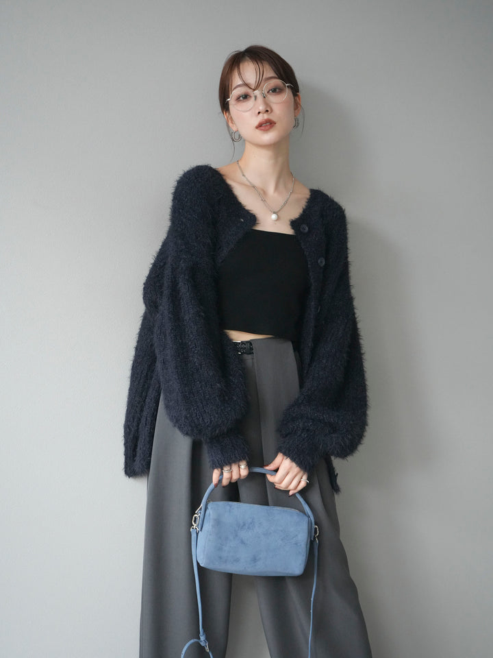 [SET]クルーネックランダムシャギーカーディガン+ベルトループデザインワイドパンツ(2set)