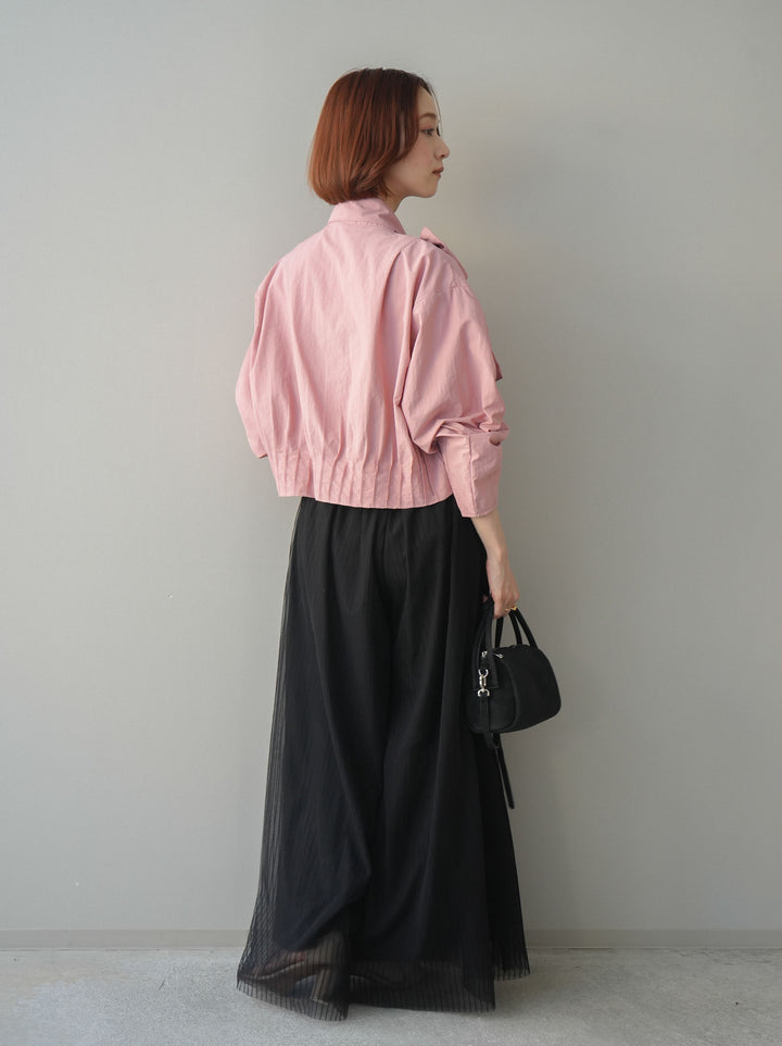 [SET]ボウタイ裾プリーツライトジャケット+ストライプチュールボリュームバギーパンツ(2set)