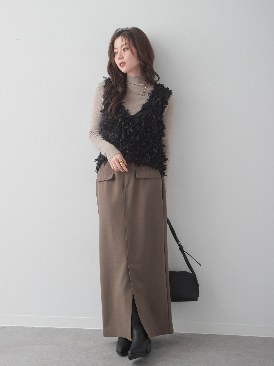 [SET]リボンフリンジベスト+クレープデシンフラップ付きストレートスカート(2set)