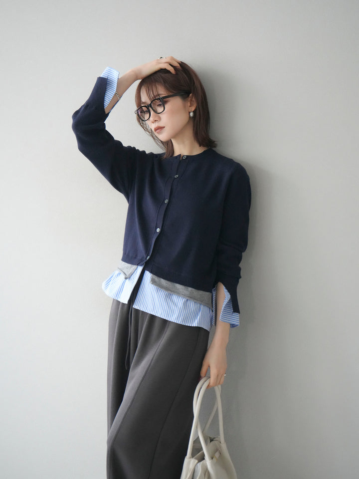 [予約]シャツ襟レイヤードニットカーディガン/navy