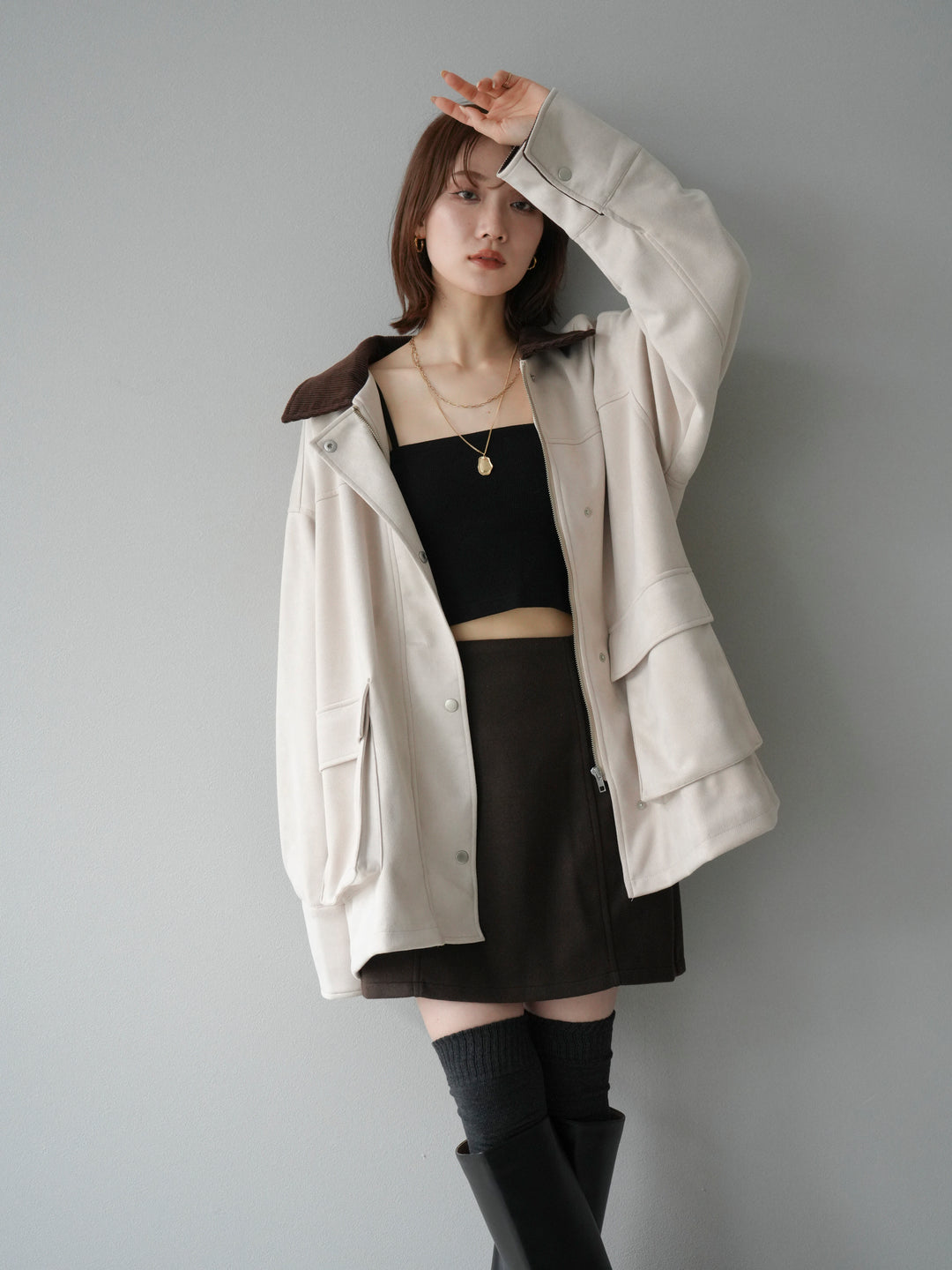 [予約]コーデュロイ襟スウェードミドルジャケット /エクリュ