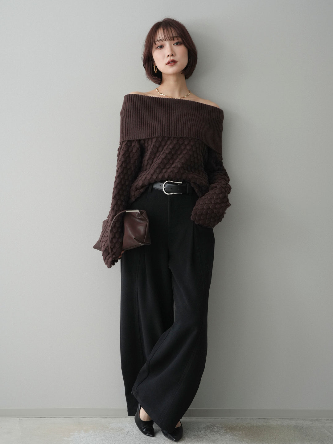 [SET]ポコポコ編みオフショルニットプルオーバー+ベルト付起毛コクーンパンツ(2set)
