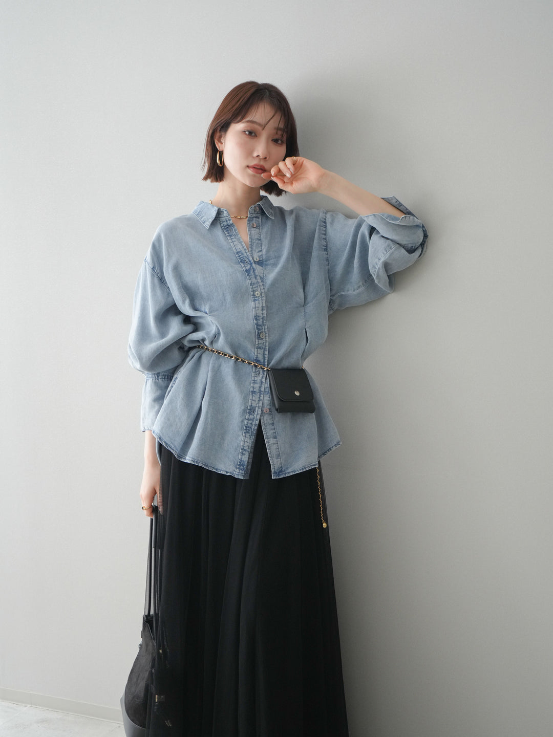 [SET]テンセルデニムタックシャツ+チュールボリュームスカート(2set)