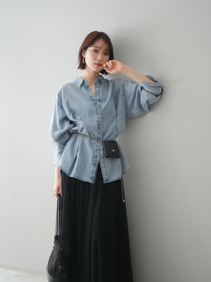 [SET]テンセルデニムタックシャツ+チュールボリュームスカート(2set)