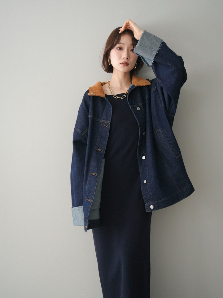 [SET]2WAYニットワンピース+コーデュロイ×デニムミドルジャケット(2set)